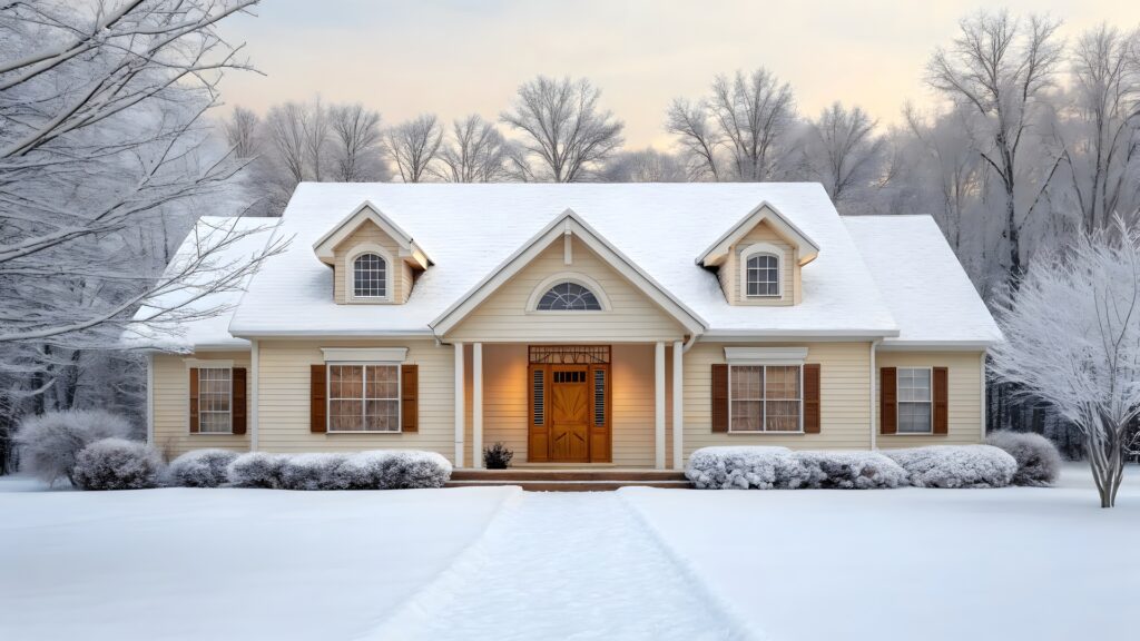 beautiful house covered in snow on a winter day.