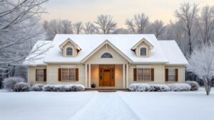 beautiful house covered in snow on a winter day.