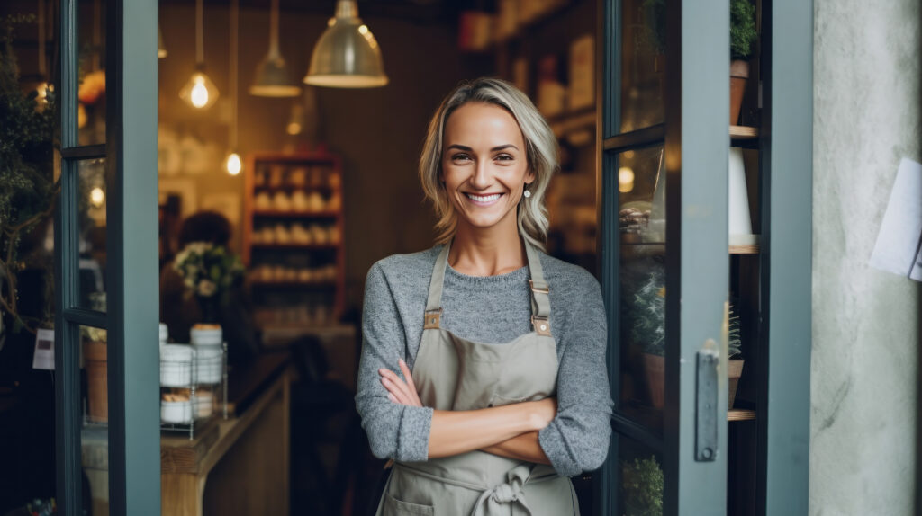 happy woman , small business owner in casual wearing grey apron.